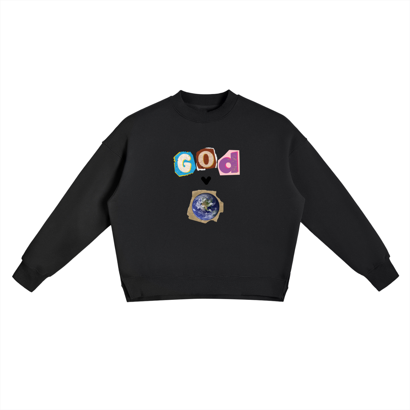 Fleece Side Slit Crewneck "GOD OVER THE WORLD" Sweatshirt