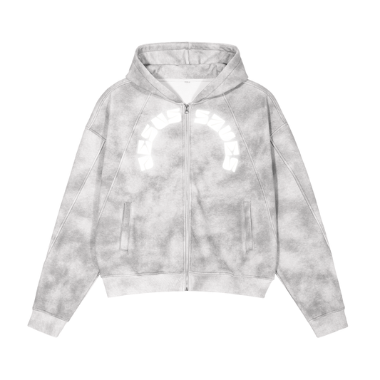 Dirty Washed Zip-Up Fleece "JESUS SAVES" Hoodie