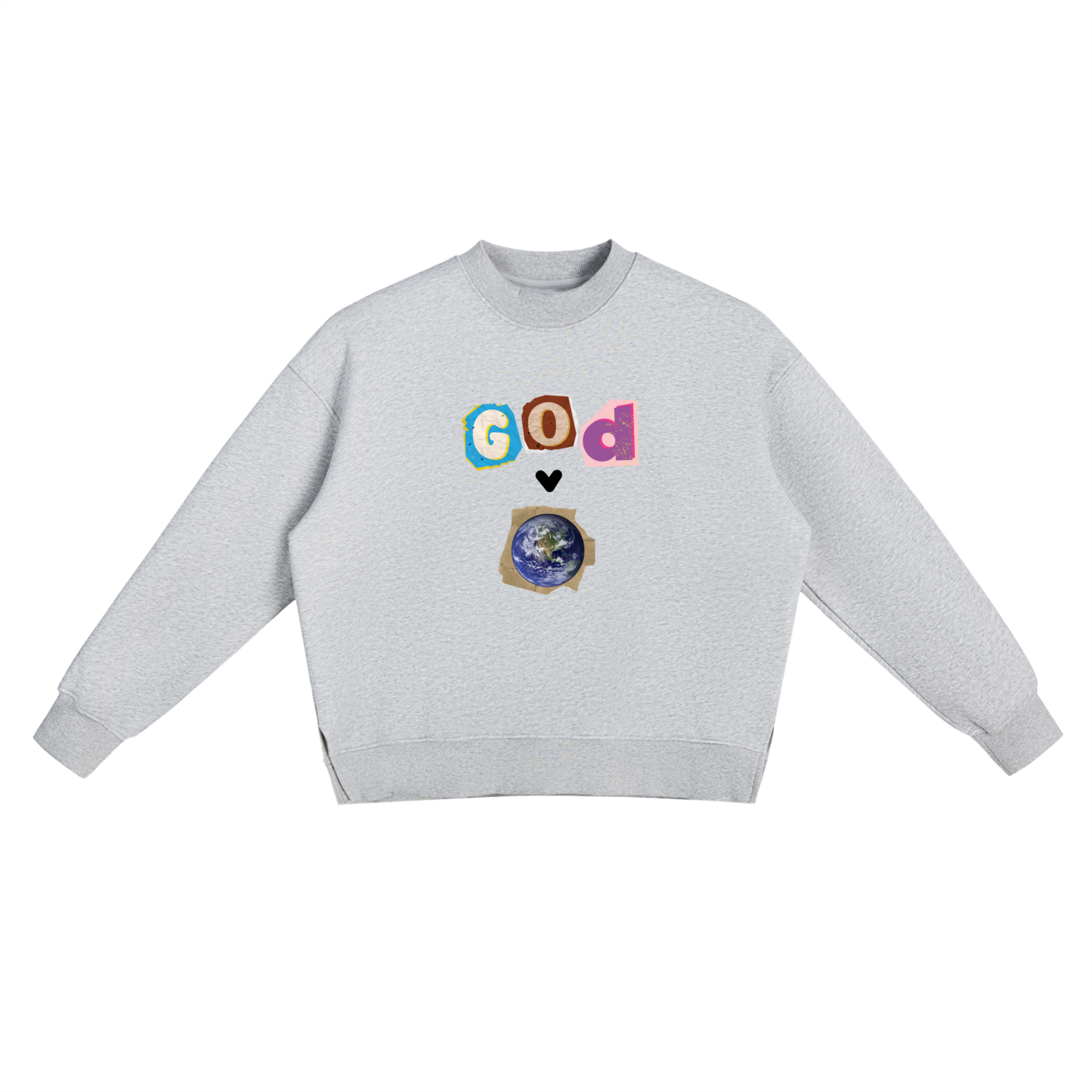 Fleece Side Slit Crewneck "GOD OVER THE WORLD" Sweatshirt