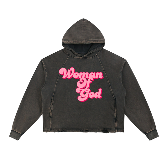 Vintage Washed Frayed-Hem  "WOMAN OF GOD" Hoodie