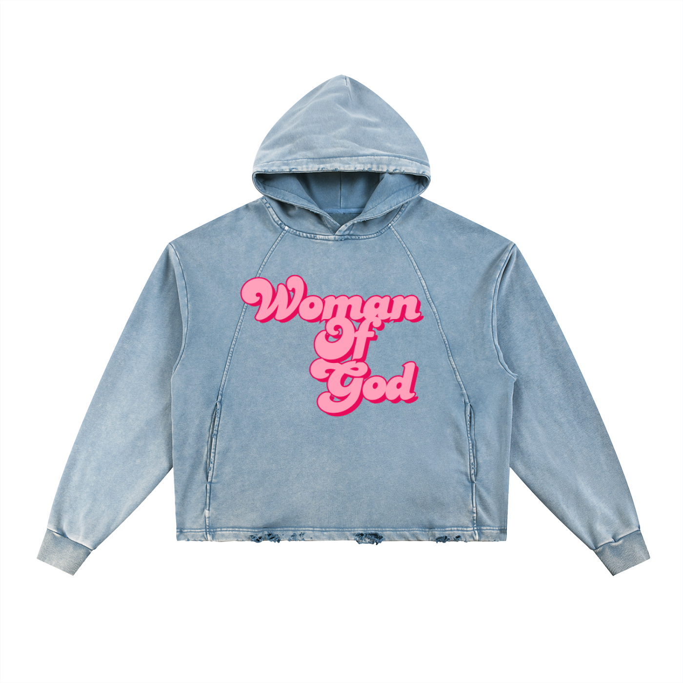 Vintage Washed Frayed-Hem  "WOMAN OF GOD" Hoodie